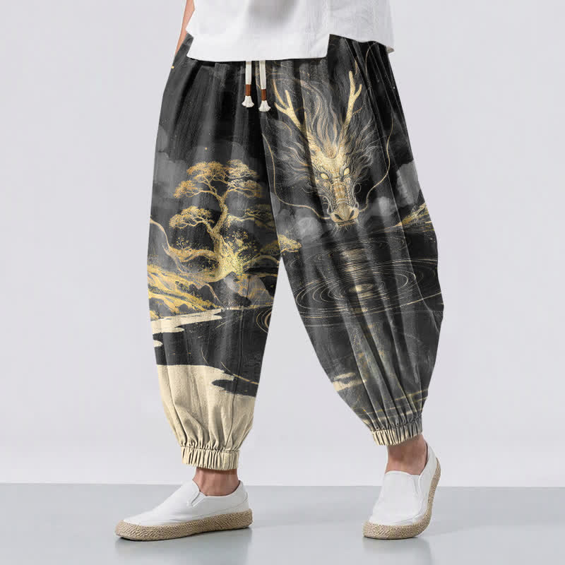 Buddha Stones Pure Cotton Golden Dragon Landscape Pattern Drawstring Men's Harem Pants With Pockets - Black - US/UK/AU50，EU60 (5XL) - image 6