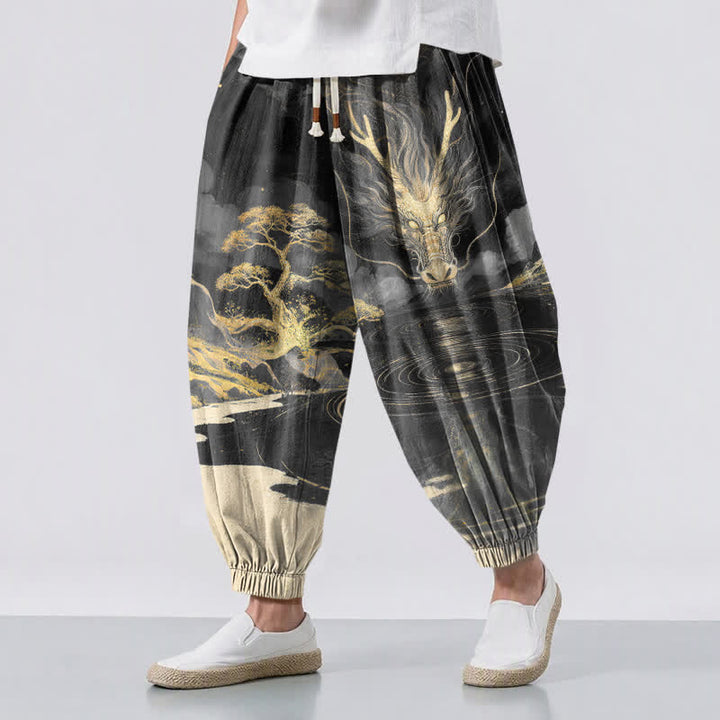 Buddha Stones Pure Cotton Golden Dragon Landscape Pattern Drawstring Men's Harem Pants With Pockets - Black - US/UK/AU50，EU60 (5XL) - image 6