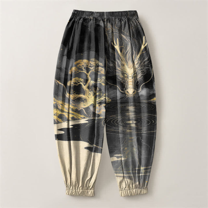 Buddha Stones Pure Cotton Golden Dragon Landscape Pattern Drawstring Men's Harem Pants With Pockets - image 8