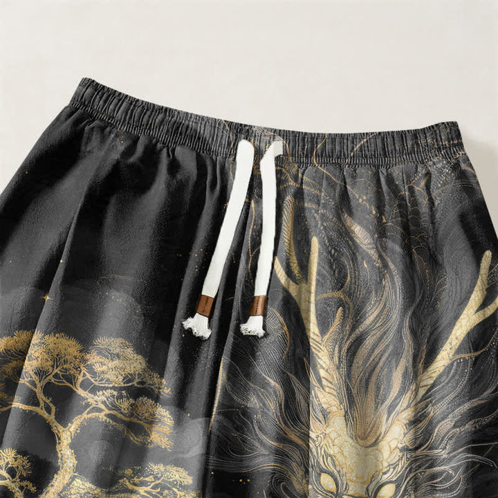 Buddha Stones Pure Cotton Golden Dragon Landscape Pattern Drawstring Men's Harem Pants With Pockets - image 9