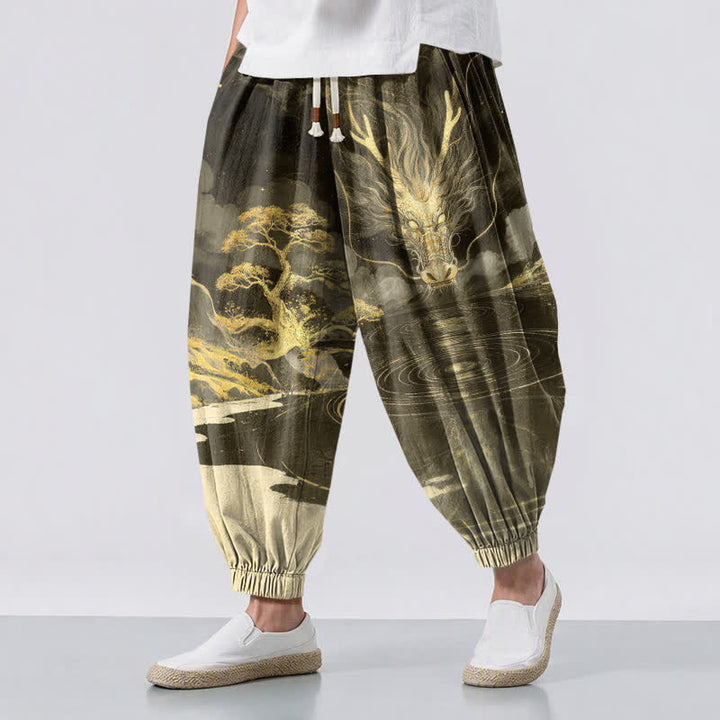 Buddha Stones Pure Cotton Golden Dragon Landscape Pattern Drawstring Men's Harem Pants With Pockets - DarkOliveGreen - US/UK/AU50，EU60 (5XL) - image 12