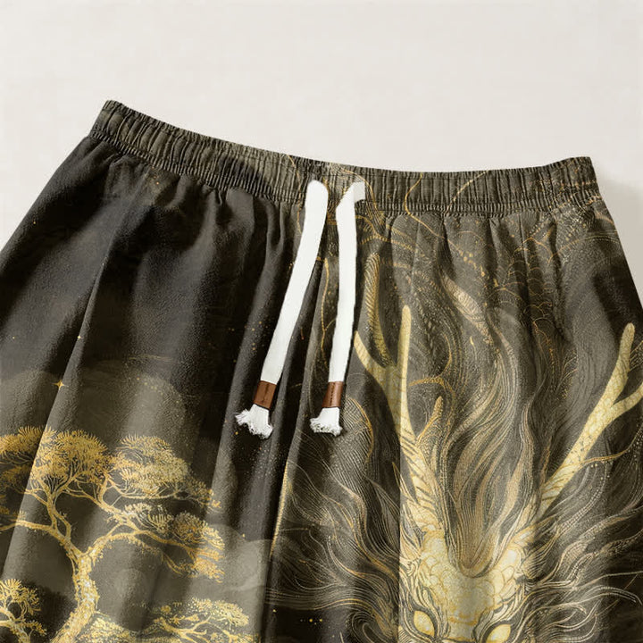 Buddha Stones Pure Cotton Golden Dragon Landscape Pattern Drawstring Men's Harem Pants With Pockets - image 15