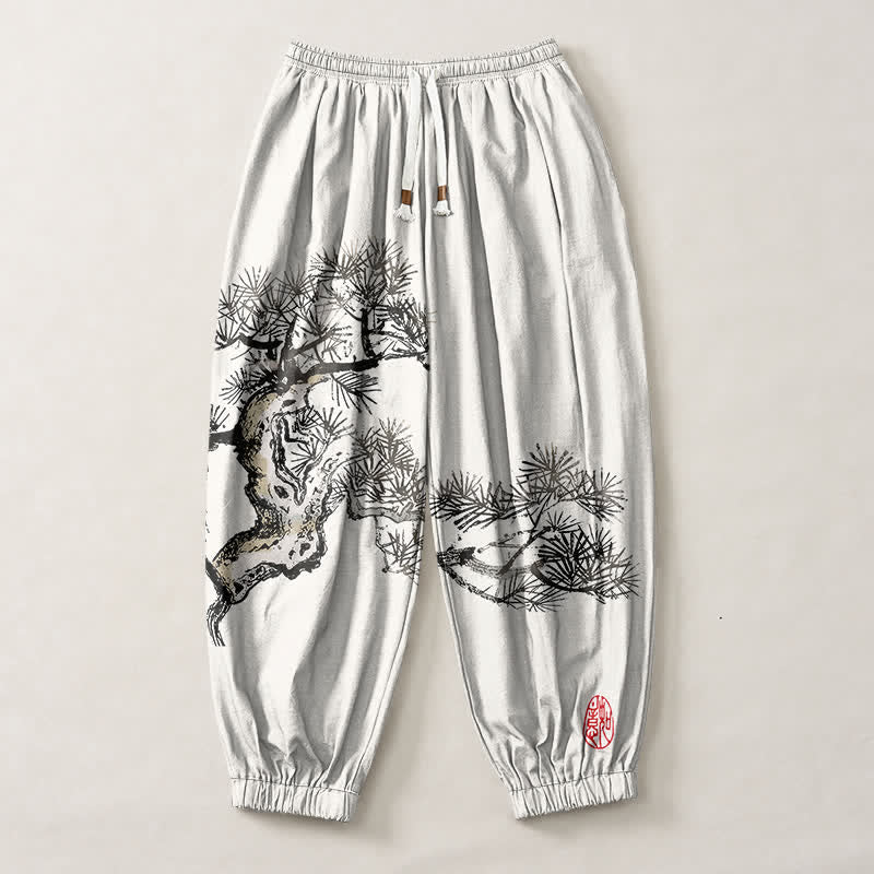 Buddha Stones Pure Cotton Ink Pine Tree Pattern Drawstring Men's Harem Pants With Pockets - image 1