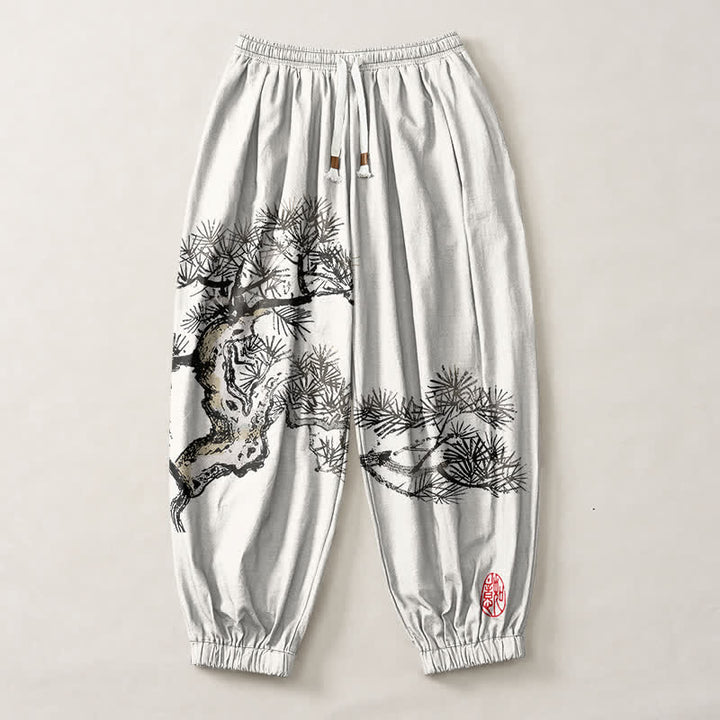 Buddha Stones Pure Cotton Ink Pine Tree Pattern Drawstring Men's Harem Pants With Pockets - image 1