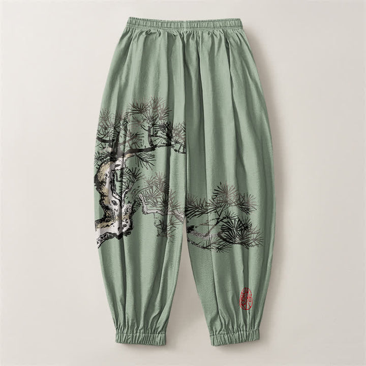 Buddha Stones Pure Cotton Ink Pine Tree Pattern Drawstring Men's Harem Pants With Pockets - image 14
