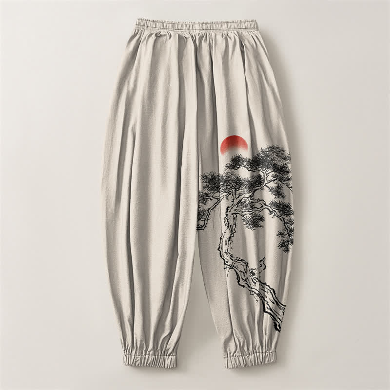 Buddha Stones Pure Cotton Ink Pine Tree Sun Pattern Drawstring Men's Harem Pants With Pockets - image 2