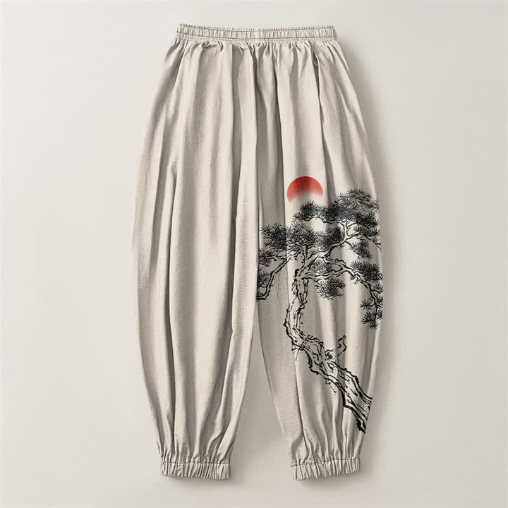 Buddha Stones Pure Cotton Ink Pine Tree Sun Pattern Drawstring Men's Harem Pants With Pockets - image 2