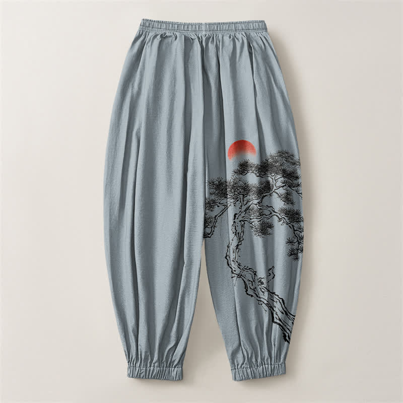 Buddha Stones Pure Cotton Ink Pine Tree Sun Pattern Drawstring Men's Harem Pants With Pockets - image 8