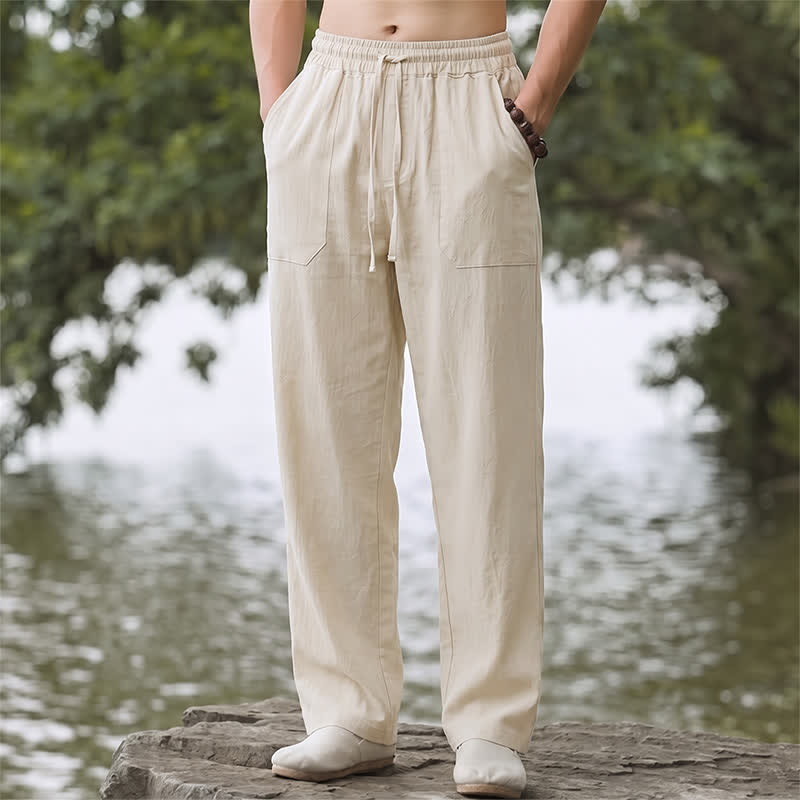 Buddha Stones Spring Summer Classic Minimalist Drawstring Solid Long Pants Men's Straight Leg Pants With Pockets - Beige - US/UK/AU44, EU54 (3XL) - image 0