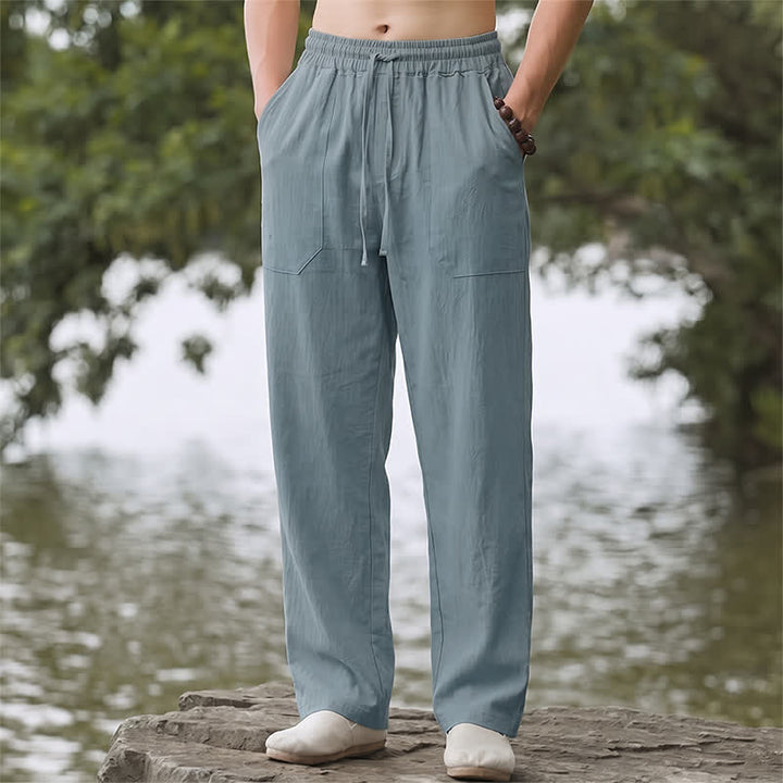 Buddha Stones Spring Summer Classic Minimalist Drawstring Solid Long Pants Men's Straight Leg Pants With Pockets - LightSteelBlue - US/UK/AU44, EU54 (3XL) - image 8