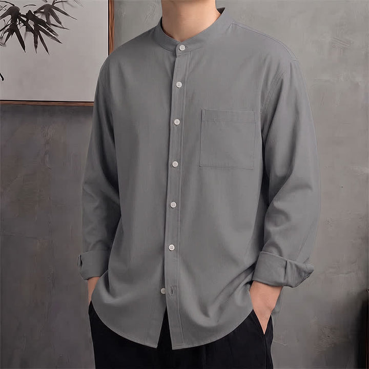 Buddha Stones Spring Fall Casual Tang Style Mandarin Collar Solid Men's Long Sleeve Shirts With Patch Pocket - Gray - US/UK/AU42, EU52 (3XL) - image 20