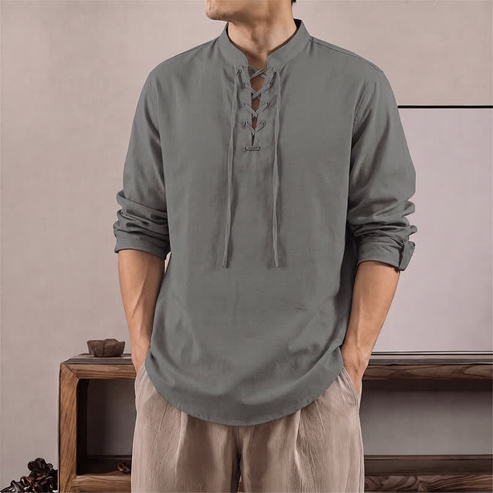 Buddha Stones Spring Fall Casual Tang Style Drawstring Solid Cotton Linen Men's Long Sleeve Shirts - Gray - US/UK/AU42, EU52 (3XL) - image 6