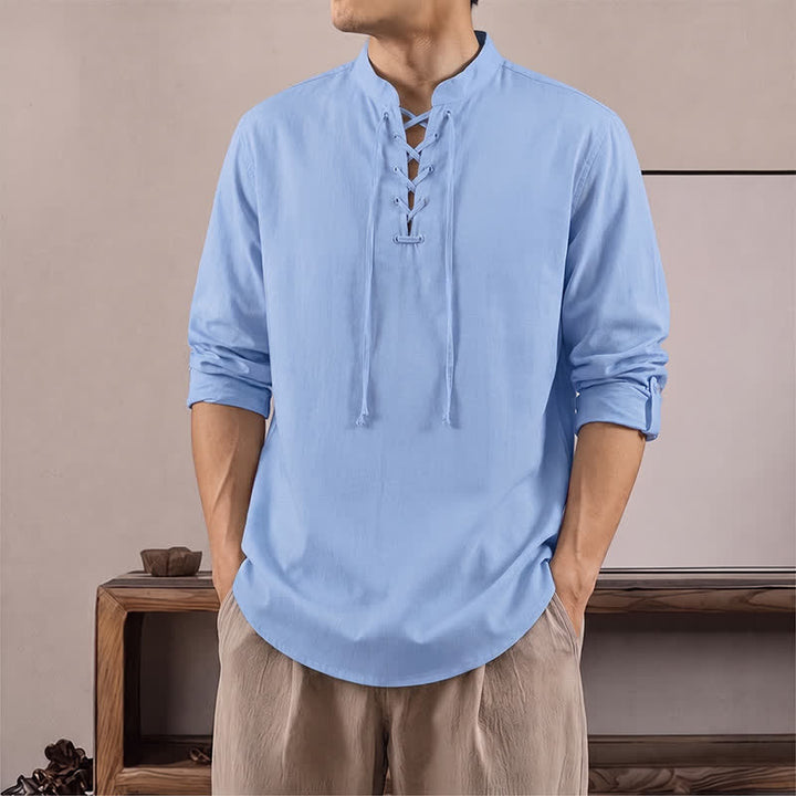 Buddha Stones Spring Fall Casual Tang Style Drawstring Solid Cotton Linen Men's Long Sleeve Shirts - LightSkyBlue - US/UK/AU42, EU52 (3XL) - image 14