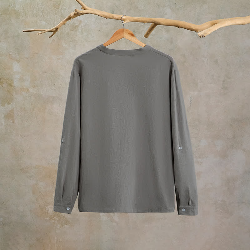 Buddha Stones Spring Fall Casual Tang Style Drawstring Solid Cotton Linen Men's Long Sleeve Shirts - image 8
