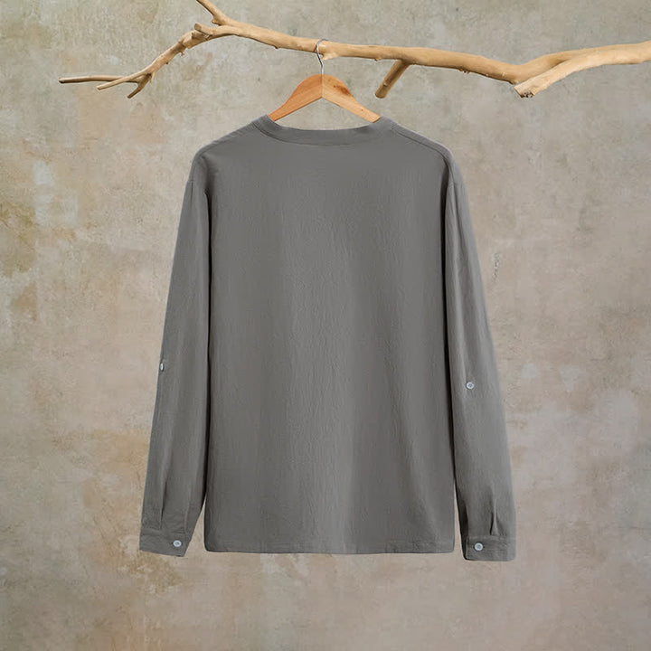Buddha Stones Spring Fall Casual Tang Style Drawstring Solid Cotton Linen Men's Long Sleeve Shirts - image 8
