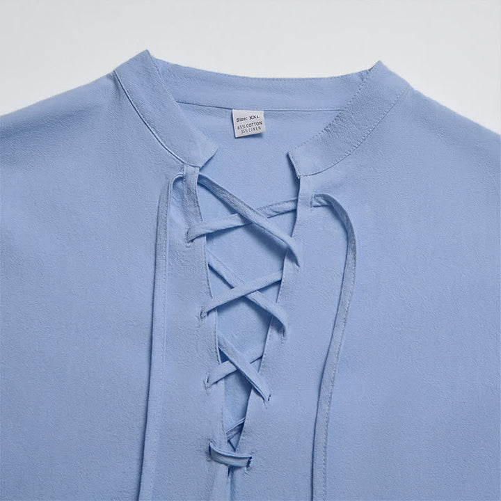 Buddha Stones Spring Fall Casual Tang Style Drawstring Solid Cotton Linen Men's Long Sleeve Shirts - image 17