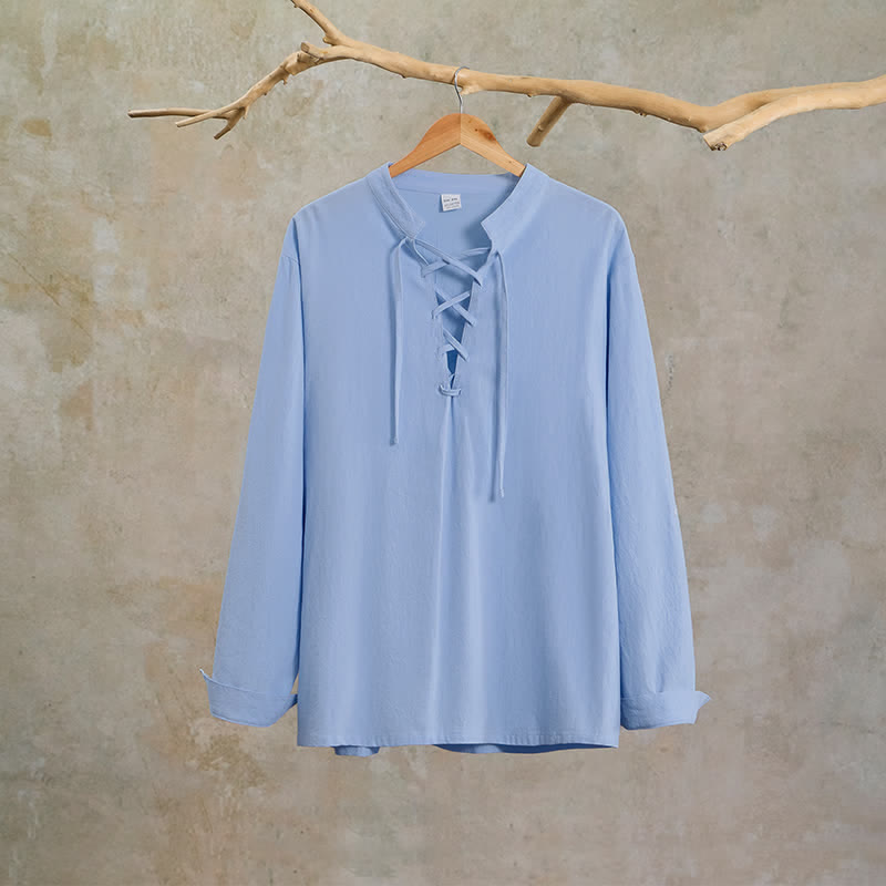Buddha Stones Spring Fall Casual Tang Style Drawstring Solid Cotton Linen Men's Long Sleeve Shirts - image 15