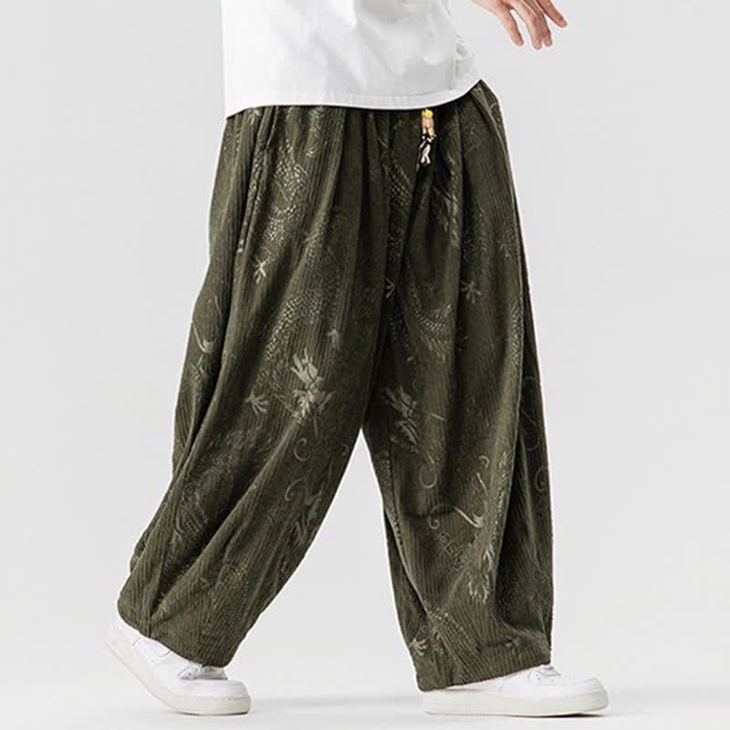 Buddha Stones Fall Winter Vintage Casual Drawstring Dragon Long Pants Corduroy Men's Harem Pants With Pockets - image 1
