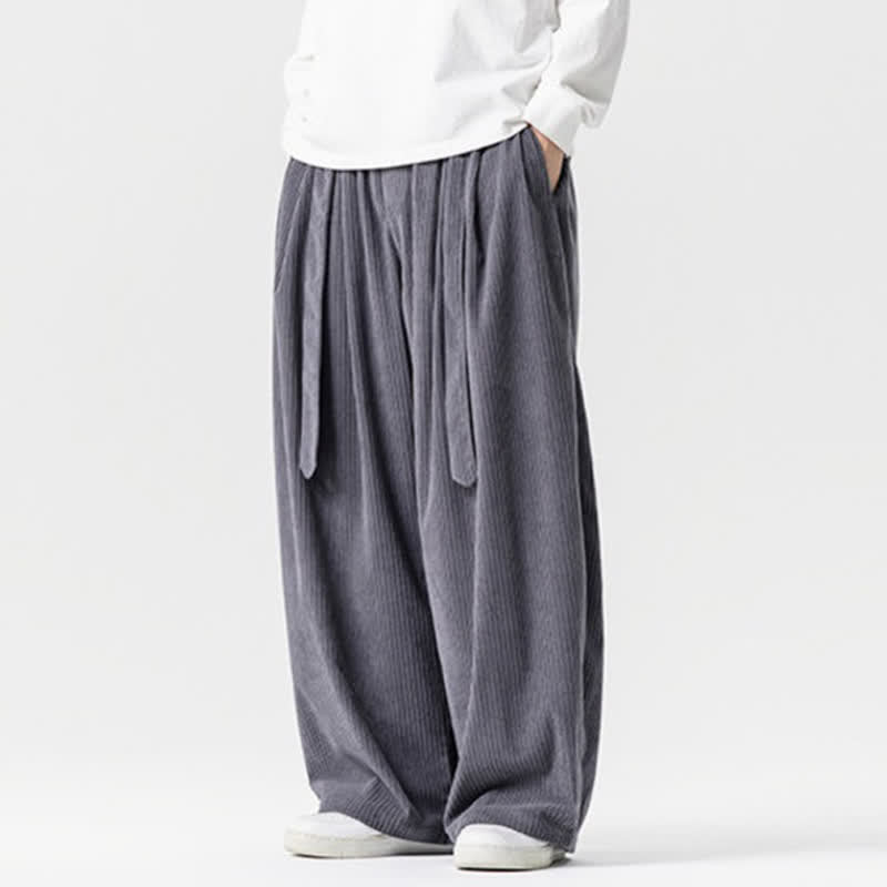 Buddha Stones Fall Winter Casual Vintage Drawstring Solid Long Pants Corduroy Men's Wide Leg Pants With Pockets - image 1