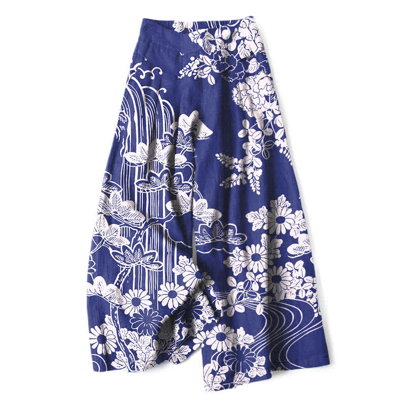 Buddha Stones Cotton Linen Vintage Bloom Pattern Women's Elastic Waist Wide Leg Pants With Pockets - Navy - US16，UK/AU20，EU48 (3XL) - image 4
