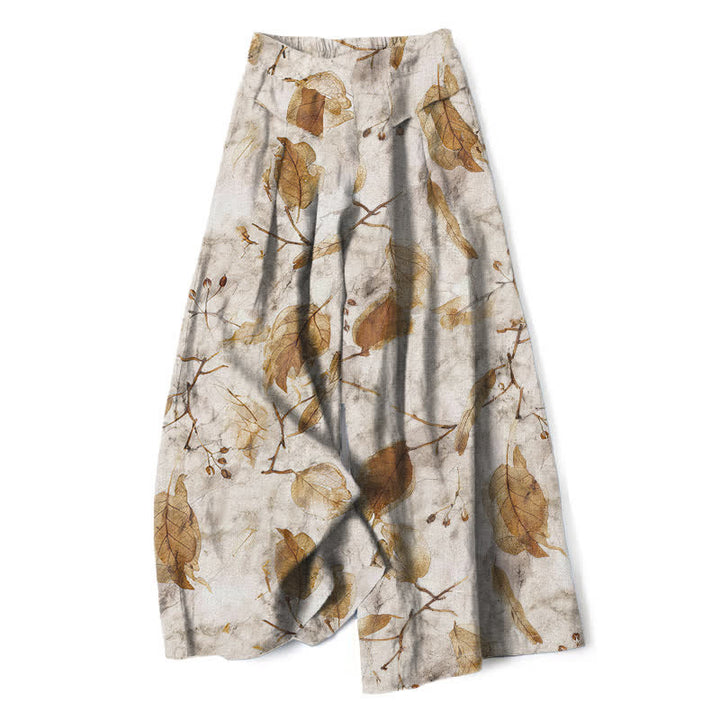 Buddha Stones Cotton Linen Botanical Leaf Pattern Women's Elastic Waist Wide Leg Pants With Pockets - Beige - US16，UK/AU20，EU48 (3XL) - image 0
