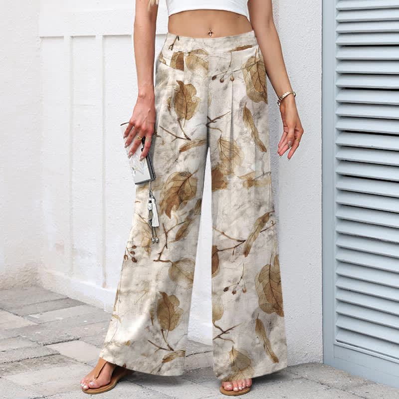 Buddha Stones Cotton Linen Botanical Leaf Pattern Women's Elastic Waist Wide Leg Pants With Pockets - image 1
