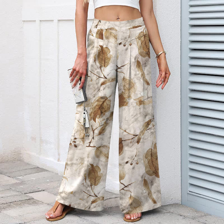 Buddha Stones Cotton Linen Botanical Leaf Pattern Women's Elastic Waist Wide Leg Pants With Pockets - image 1