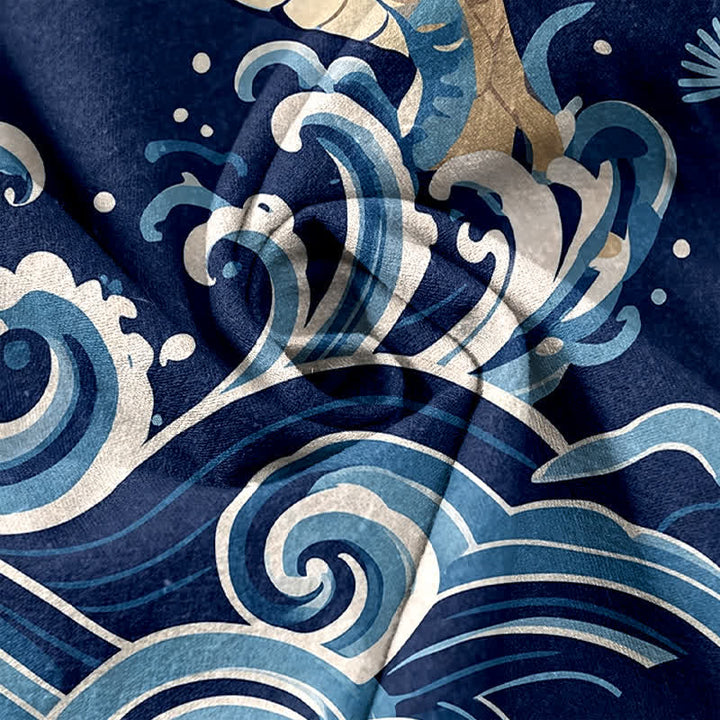 Buddha Stones Pure Cotton Twin Dragon Wave Pattern Women's Elastic Waist Pants With Pockets - image 3