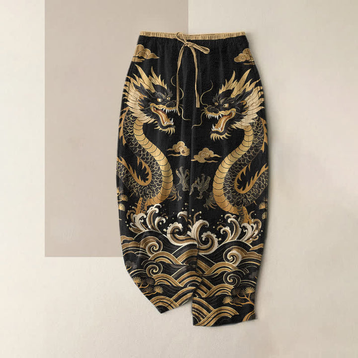 Buddha Stones Pure Cotton Twin Dragon Wave Pattern Women's Elastic Waist Pants With Pockets - Black - US16，UK/AU20，EU48 (3XL) - image 5