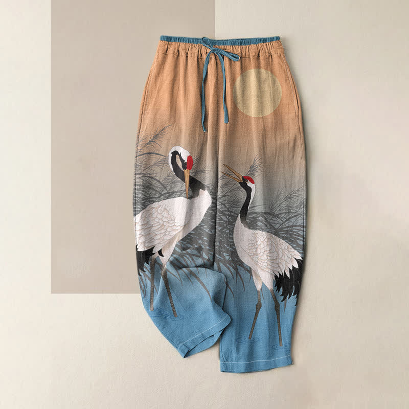 Buddha Stones Pure Cotton Oriental Crane Reed Pattern Women's Elastic Waist Pants With Pockets - SandyBrown - US16，UK/AU20，EU48 (3XL) - image 0