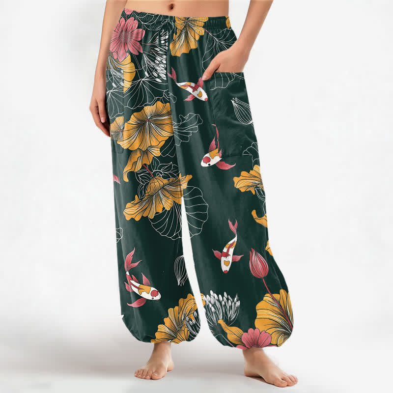 Buddha Stones Cotton Vintage Lotus Koi Floral Pattern Women's Elastic Waist Harem Pants With Side Pockets - DarkGreen - US16，UK/AU20，EU48 (3XL) - image 0