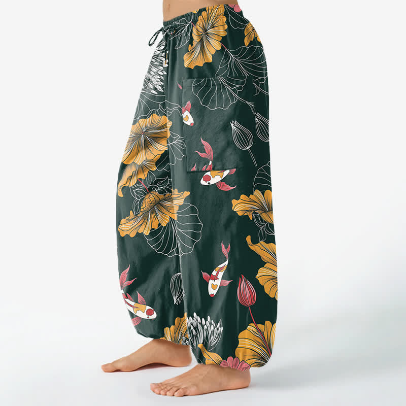Buddha Stones Cotton Vintage Lotus Koi Floral Pattern Women's Elastic Waist Harem Pants With Side Pockets - image 1