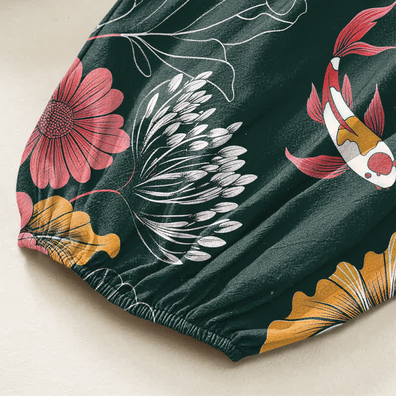 Buddha Stones Cotton Vintage Lotus Koi Floral Pattern Women's Elastic Waist Harem Pants With Side Pockets - image 6