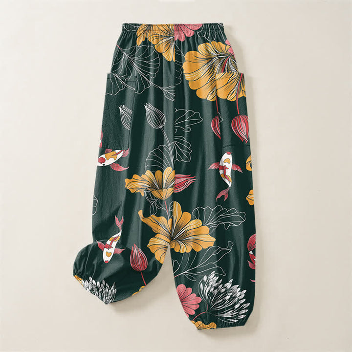 Buddha Stones Cotton Vintage Lotus Koi Floral Pattern Women's Elastic Waist Harem Pants With Side Pockets - image 4
