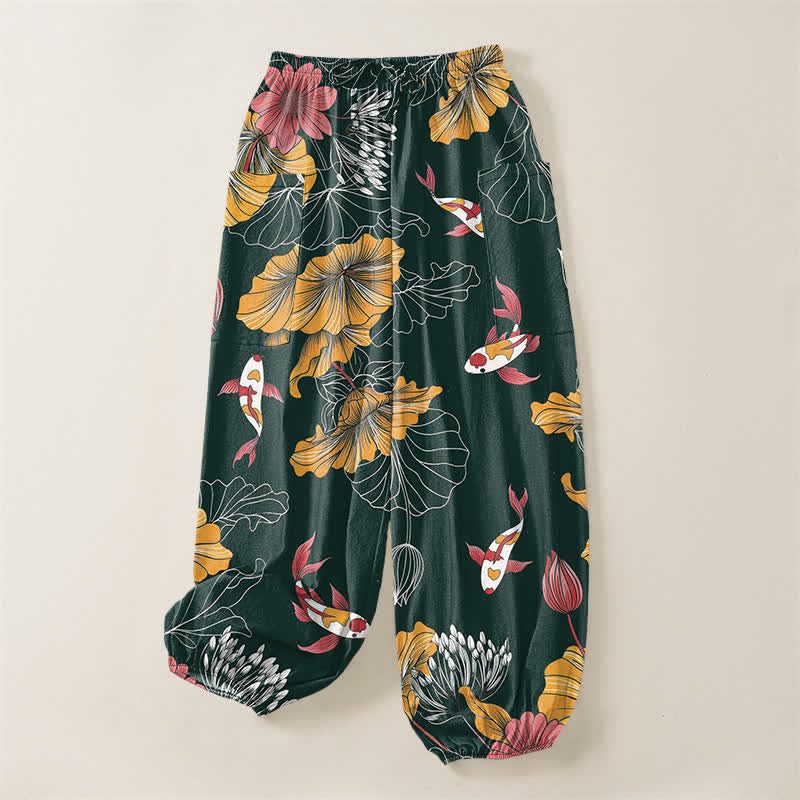 Buddha Stones Cotton Vintage Lotus Koi Floral Pattern Women's Elastic Waist Harem Pants With Side Pockets - image 3