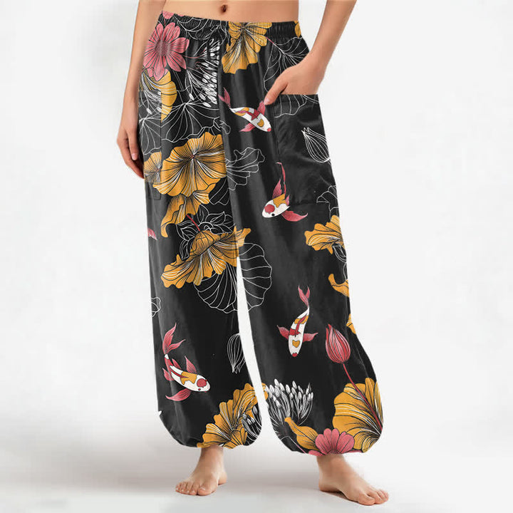 Buddha Stones Cotton Vintage Lotus Koi Floral Pattern Women's Elastic Waist Harem Pants With Side Pockets - Black - US16，UK/AU20，EU48 (3XL) - image 7