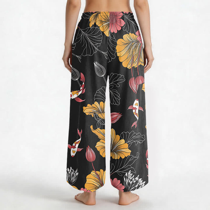 Buddha Stones Cotton Vintage Lotus Koi Floral Pattern Women's Elastic Waist Harem Pants With Side Pockets - image 9