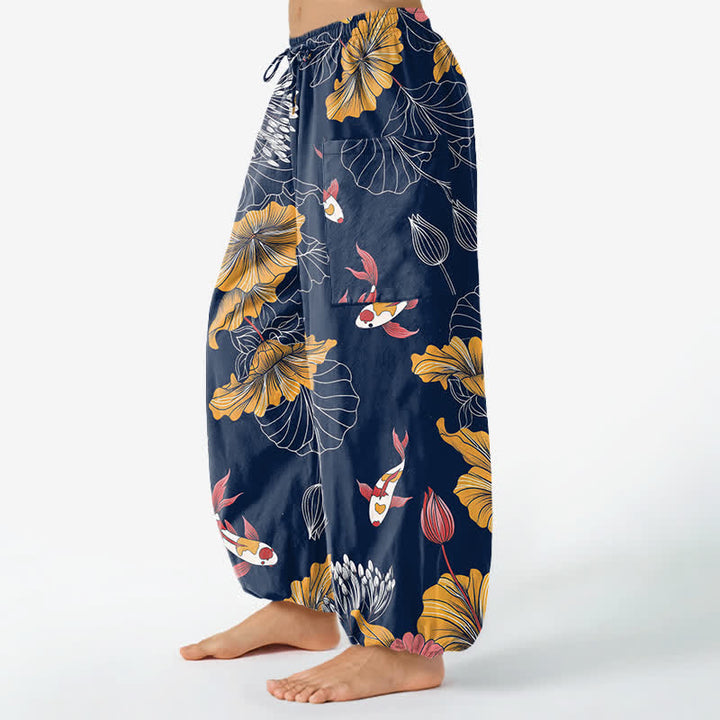 Buddha Stones Cotton Vintage Lotus Koi Floral Pattern Women's Elastic Waist Harem Pants With Side Pockets - image 11