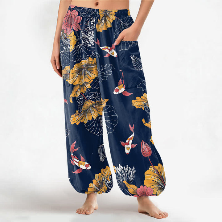 Buddha Stones Cotton Vintage Lotus Koi Floral Pattern Women's Elastic Waist Harem Pants With Side Pockets - Navy - US16，UK/AU20，EU48 (3XL) - image 10