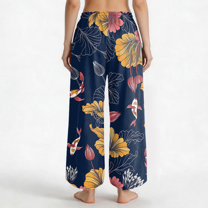Buddha Stones Cotton Vintage Lotus Koi Floral Pattern Women's Elastic Waist Harem Pants With Side Pockets - image 12