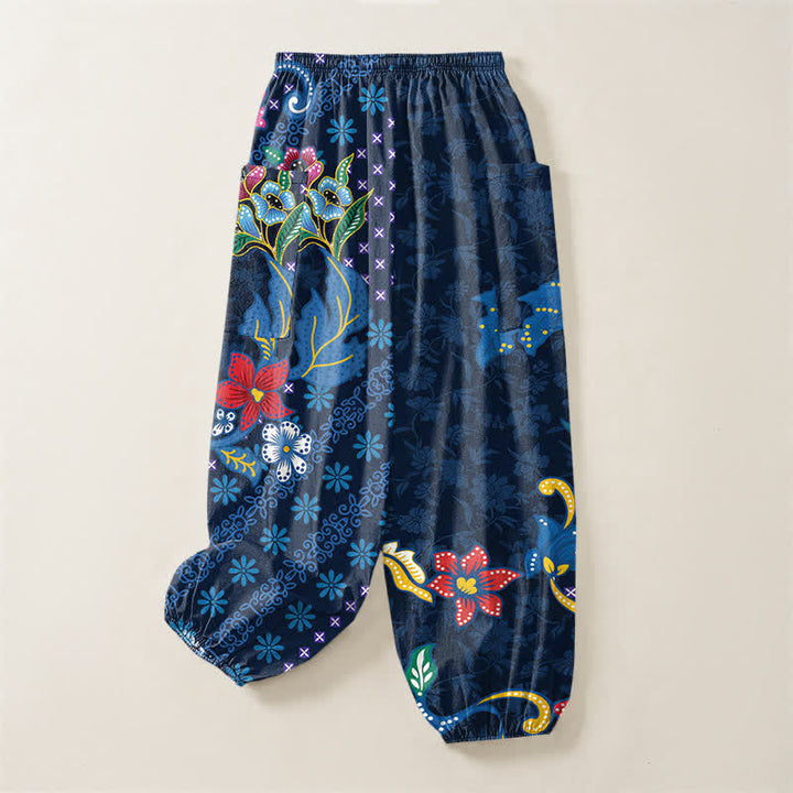 Buddha Stones Cotton Ethnic Bloom Geometric Pattern Women's Elastic Waist Harem Pants With Side Pockets - image 4