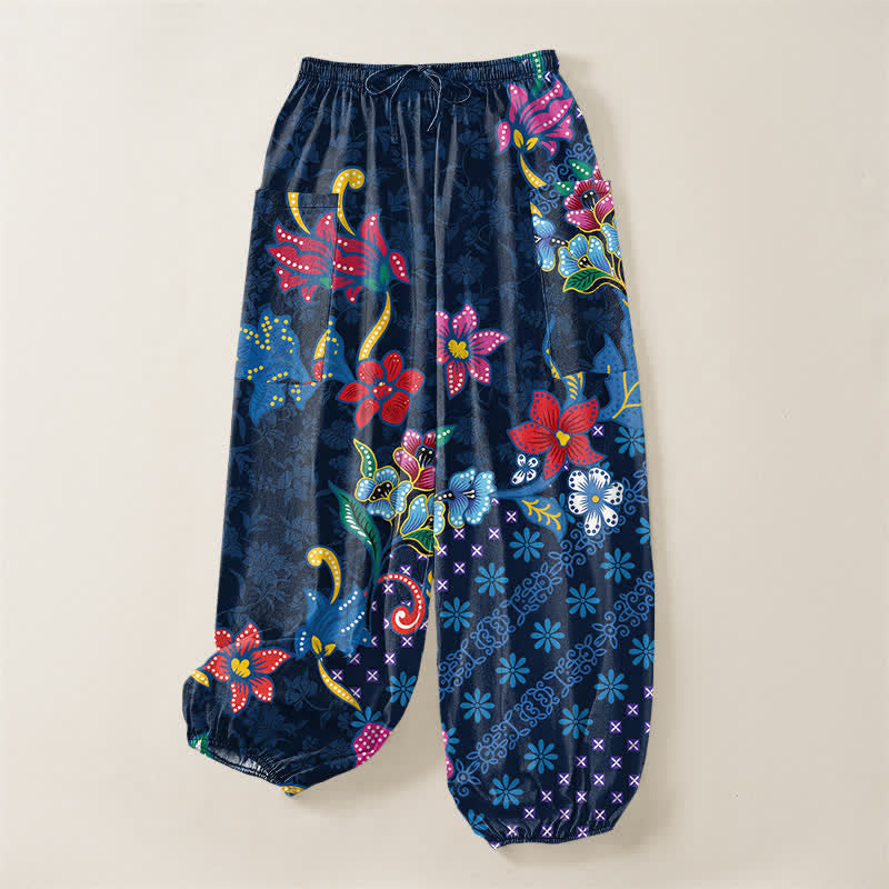 Buddha Stones Cotton Ethnic Bloom Geometric Pattern Women's Elastic Waist Harem Pants With Side Pockets - image 3