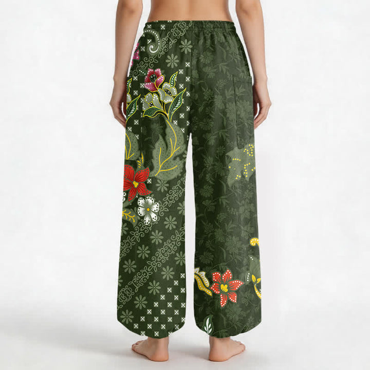 Buddha Stones Cotton Ethnic Bloom Geometric Pattern Women's Elastic Waist Harem Pants With Side Pockets - image 9