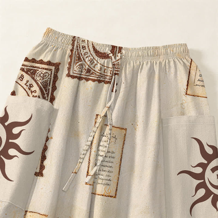 Buddha Stones Cotton Vintage Om Sun Pattern Women's Elastic Waist Harem Pants With Side Pockets - image 5