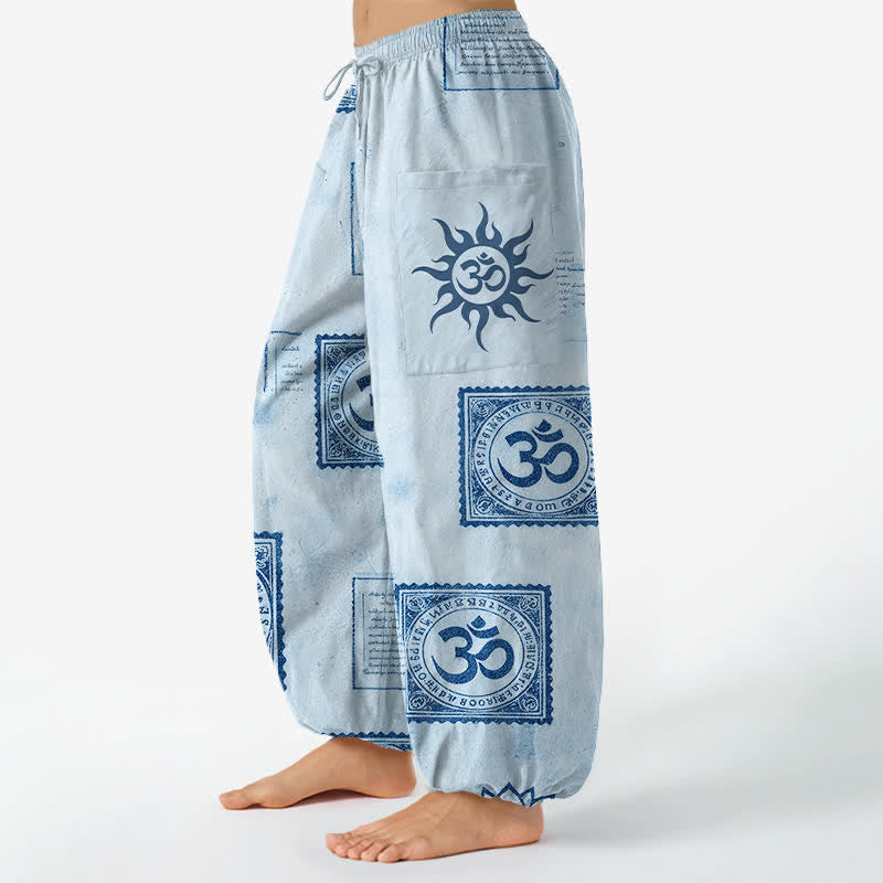 Buddha Stones Cotton Vintage Om Sun Pattern Women's Elastic Waist Harem Pants With Side Pockets - image 8
