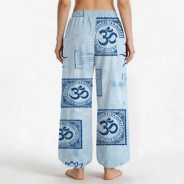Buddha Stones Cotton Vintage Om Sun Pattern Women's Elastic Waist Harem Pants With Side Pockets - image 9
