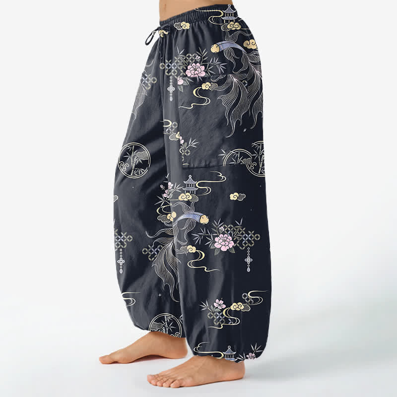 Buddha Stones Cotton Koi Fish Bamboo Cloud Pattern Women's Elastic Waist Harem Pants With Side Pockets - image 1