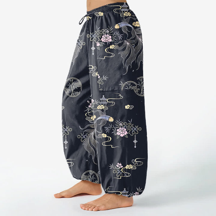 Buddha Stones Cotton Koi Fish Bamboo Cloud Pattern Women's Elastic Waist Harem Pants With Side Pockets - image 1