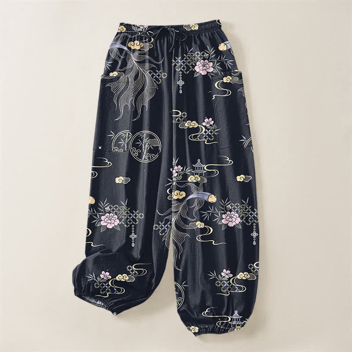 Buddha Stones Cotton Koi Fish Bamboo Cloud Pattern Women's Elastic Waist Harem Pants With Side Pockets - image 3