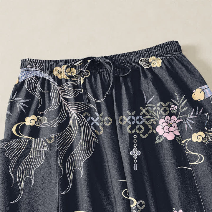 Buddha Stones Cotton Koi Fish Bamboo Cloud Pattern Women's Elastic Waist Harem Pants With Side Pockets - image 5